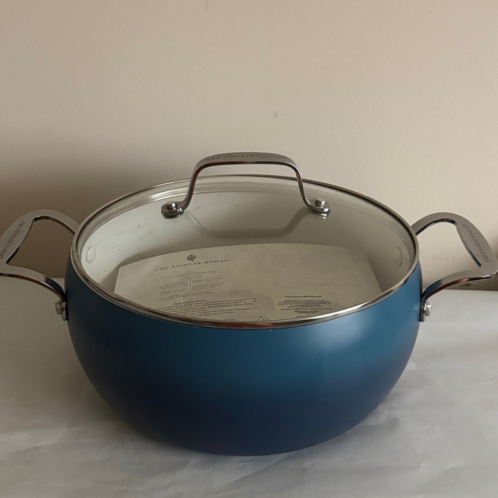 The Pioneer Woman stock pot HARLOW 7.5 QT ceramic nonstick glass lid denim blue